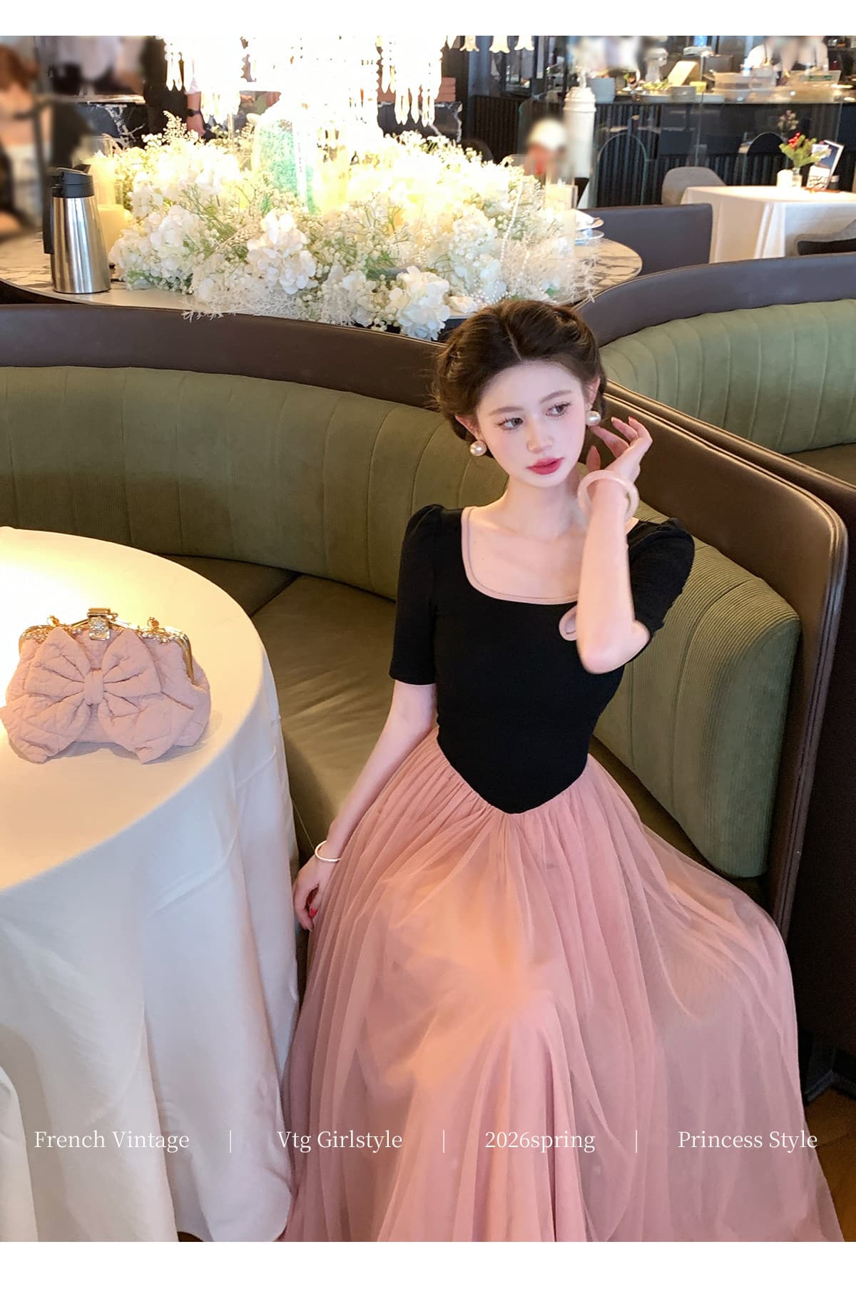 평생 로마의 꿈 그것 춤 프랑스식 레트로 여성 드레스 여름 꽃 허리 수축 패치워크 망사 롱 스커트 상세 이미지 9