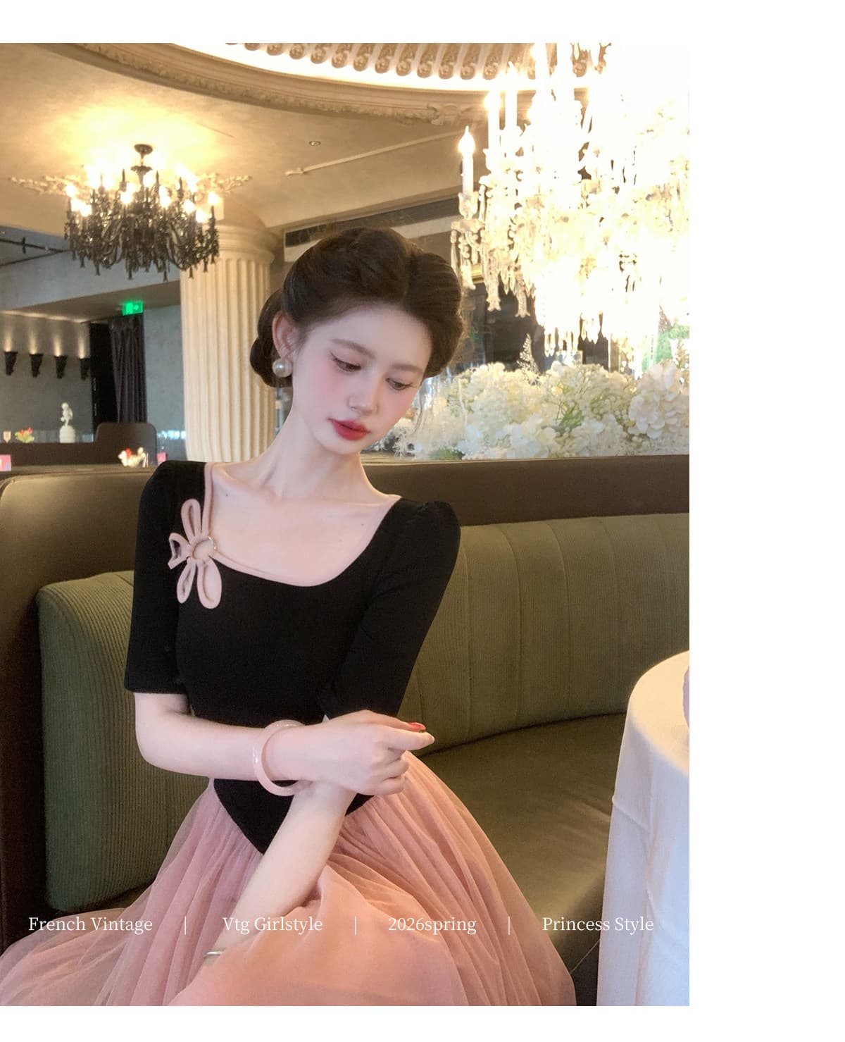 평생 로마의 꿈 그것 춤 프랑스식 레트로 여성 드레스 여름 꽃 허리 수축 패치워크 망사 롱 스커트 상세 이미지 12