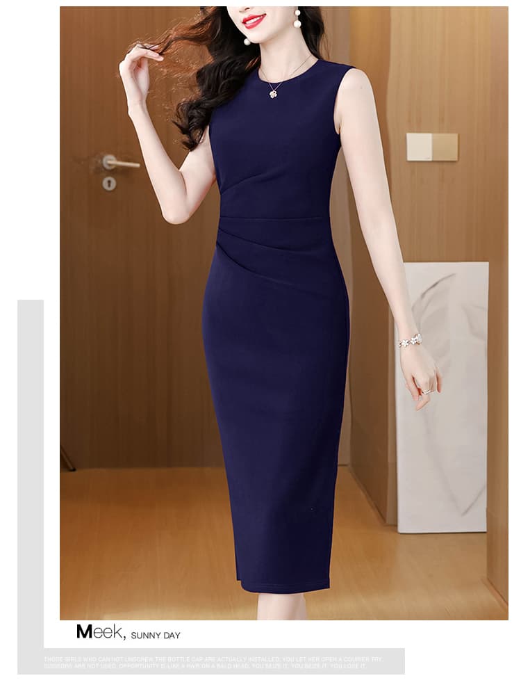 빛 요리 한 품격 바람 허리 수축 민소매 여성 드레스 봄 진한 파란색 측면 트임 타이트 스커트 중간 길이 스커트 상세 이미지 13