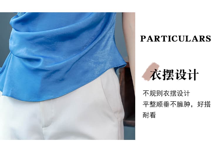 고급 출퇴근 바람 라운드 넥 파란색 새틴 여성 셔츠 여름 Chic 주름 허리 수축 몸매 가꾸기 맨위 상세 이미지 19