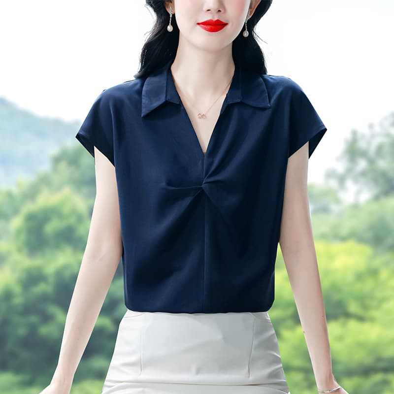 일상 Chic 비틀림 진한 파란색 여성 셔츠 여름 지성 출퇴근 폴로 칼라 셔츠 반팔 맨위 이미지 4