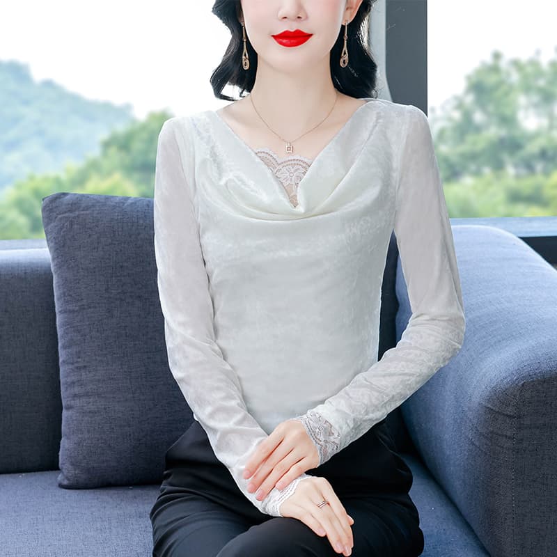아세트산 흔들다 칼라 벨벳 레이스 조각 기본 셔츠 품격 셔츠 맨위 2026 년 가을 새로운 여성 이미지 3