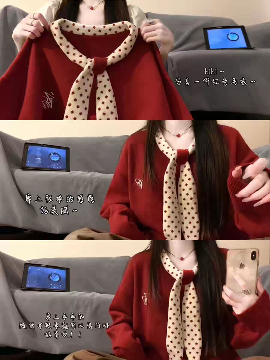 한 부서 품격 달콤함 빨간색 도트 무늬 스카프 스웨터 여자 2026 봄 새로운 디자인 센스 루즈핏 니트 오픈 가디건 상세 이미지 6