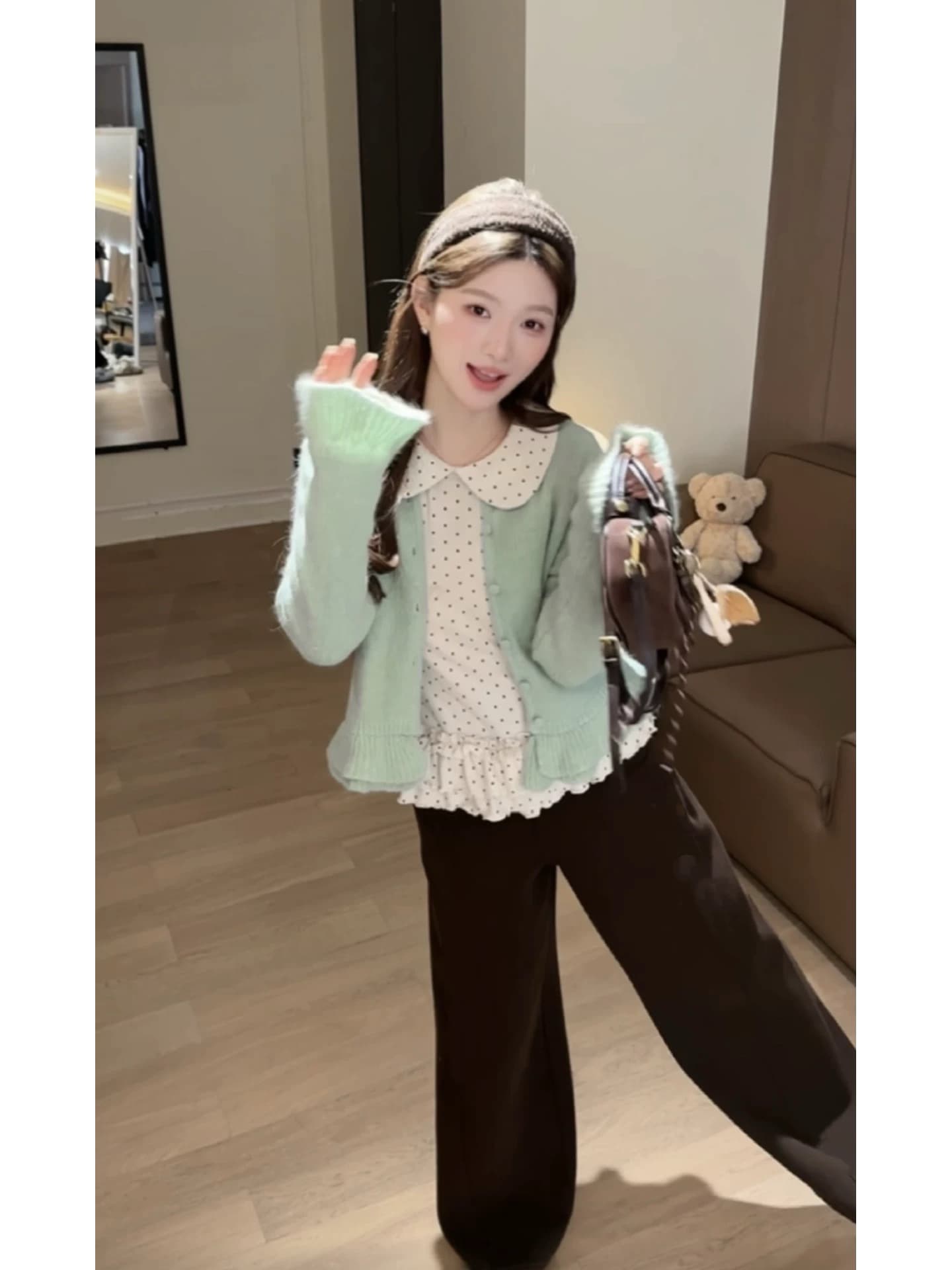 밝은 녹색 달콤함 연령 감소 한 부서 느긋한 센스 털 니트 스웨터 재킷 청바지 2026 새로운 다용도 세트 여성