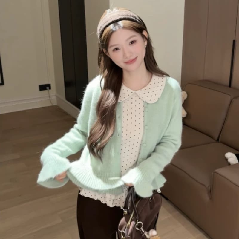밝은 녹색 달콤함 연령 감소 한 부서 느긋한 센스 털 니트 스웨터 재킷 청바지 2026 새로운 다용도 세트 여성 상세 이미지 1