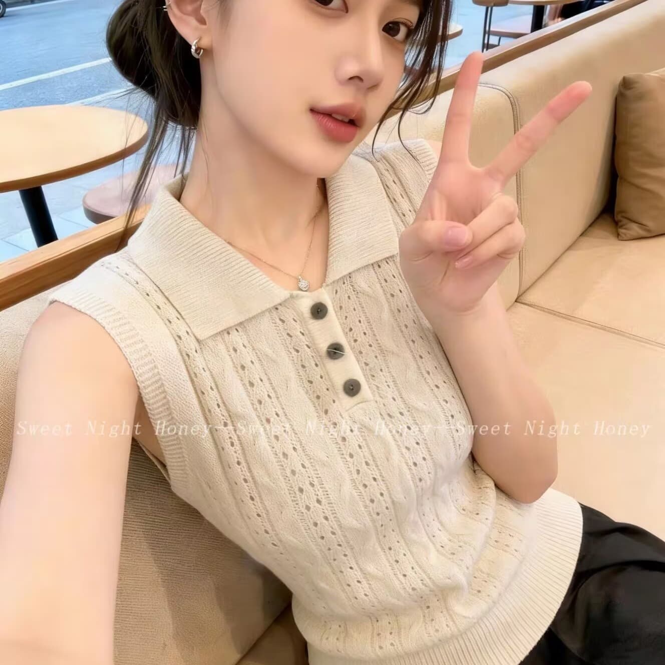 항구 바람 레트로 POLO 칼라 꽈배기 민소매 니트 스웨터 조끼 여성 외출용 고급 센스 얇은 스타일 폴로 칼라 어깨 맨위 상세 이미지 1