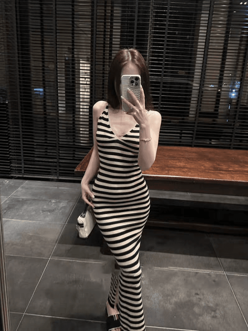 여름 허리 수축 V넥 슬립 행침 목 드레스 새로운 스트라이프 슬림해 보이는 얇은 스타일 몸매 가꾸기 트임 타이트 스커트 아이들 이미지 4