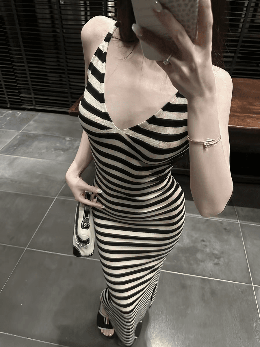 여름 허리 수축 V넥 슬립 행침 목 드레스 새로운 스트라이프 슬림해 보이는 얇은 스타일 몸매 가꾸기 트임 타이트 스커트 아이들 상세 이미지 7