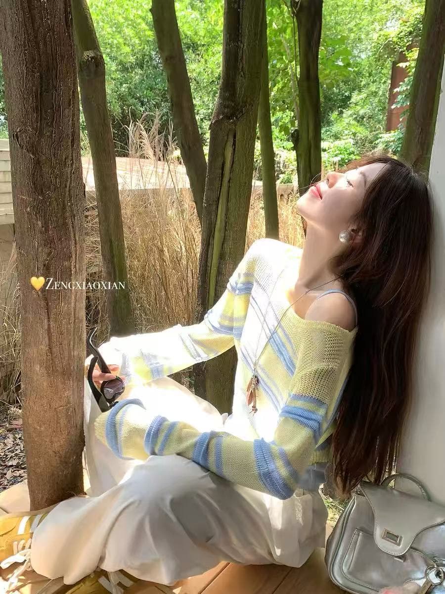 한 부서 스트라이프 홀로우 아웃 쇼트 스타일 긴팔 니트 스웨터 여성 2026 여름 새로운 얇은 스타일 자외선 차단 블라우스 맨위 상세 이미지 5
