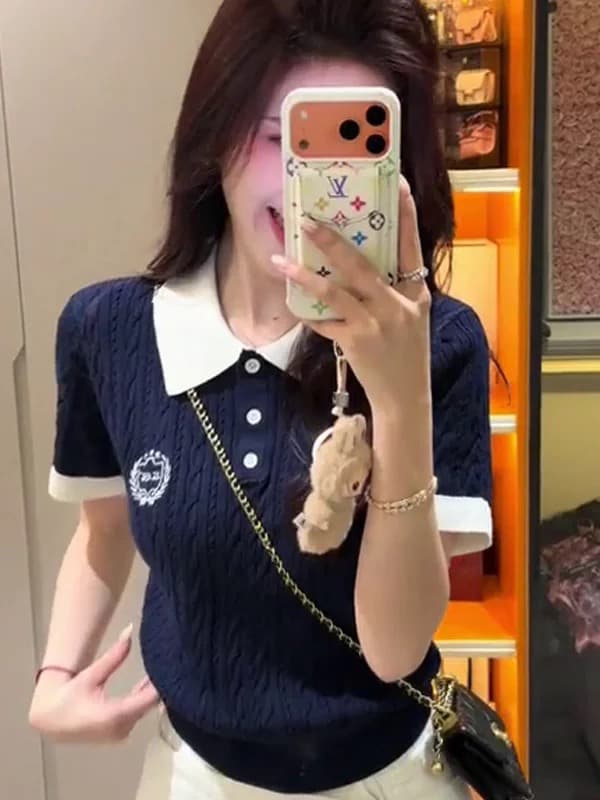 한 부서 학원 스타일 POLO 칼라 자수 얼음 실크 니트 반팔 티셔츠 여성 여름 배색 외국 가스 연령 감소 슬림해 보이는 맨위 이미지 3