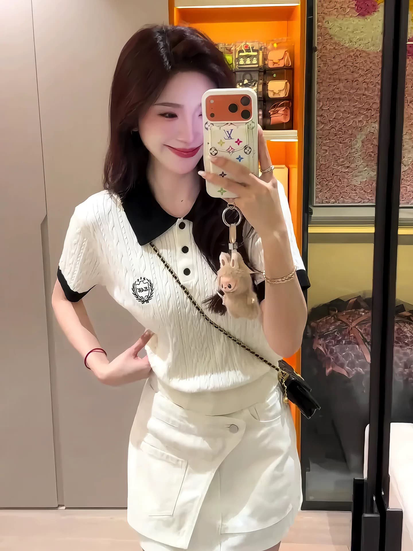 한 부서 학원 스타일 POLO 칼라 자수 얼음 실크 니트 반팔 티셔츠 여성 여름 배색 외국 가스 연령 감소 슬림해 보이는 맨위 상세 이미지 1