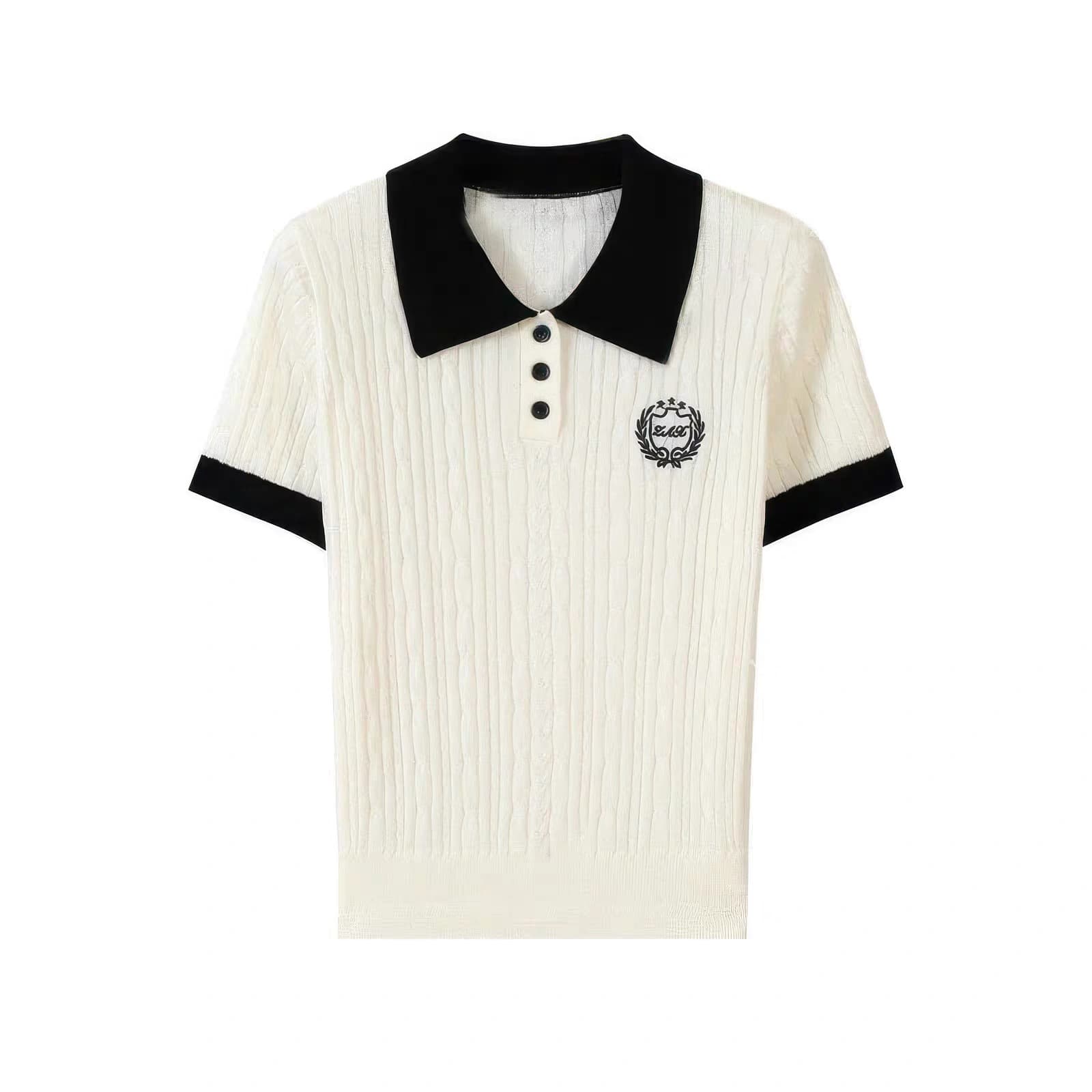 한 부서 학원 스타일 POLO 칼라 자수 얼음 실크 니트 반팔 티셔츠 여성 여름 배색 외국 가스 연령 감소 슬림해 보이는 맨위 상세 이미지 5