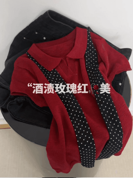 한 부서 원본 싱글 여름 새로운 여성 POLO 칼라 니트 반팔 여성 경기 도트 무늬 스카프 다용도 이미지 4