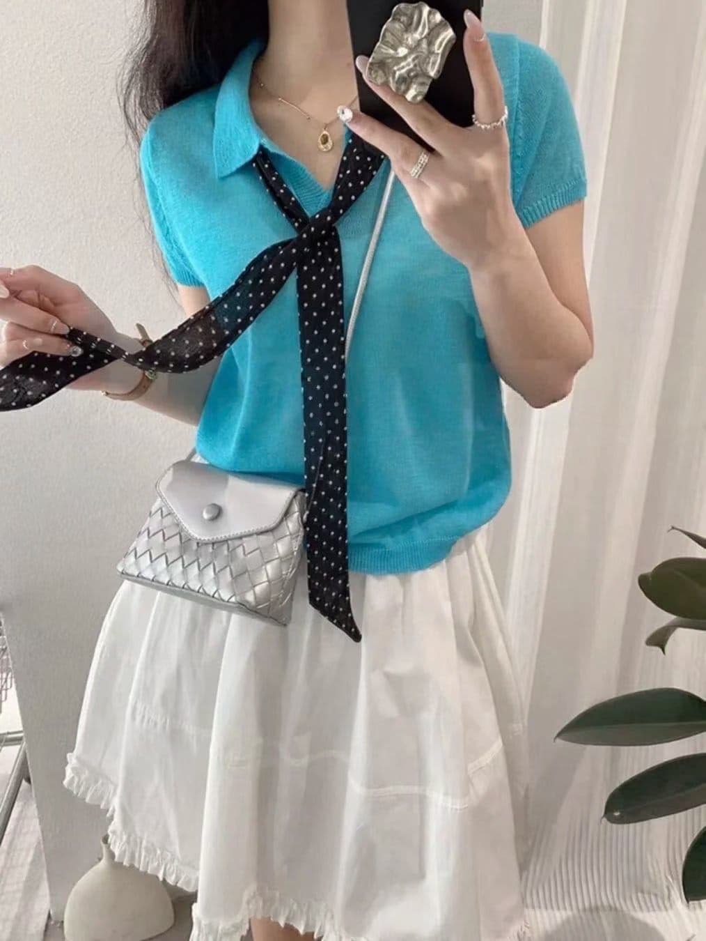 한 부서 원본 싱글 여름 새로운 여성 POLO 칼라 니트 반팔 여성 경기 도트 무늬 스카프 다용도 상세 이미지 7