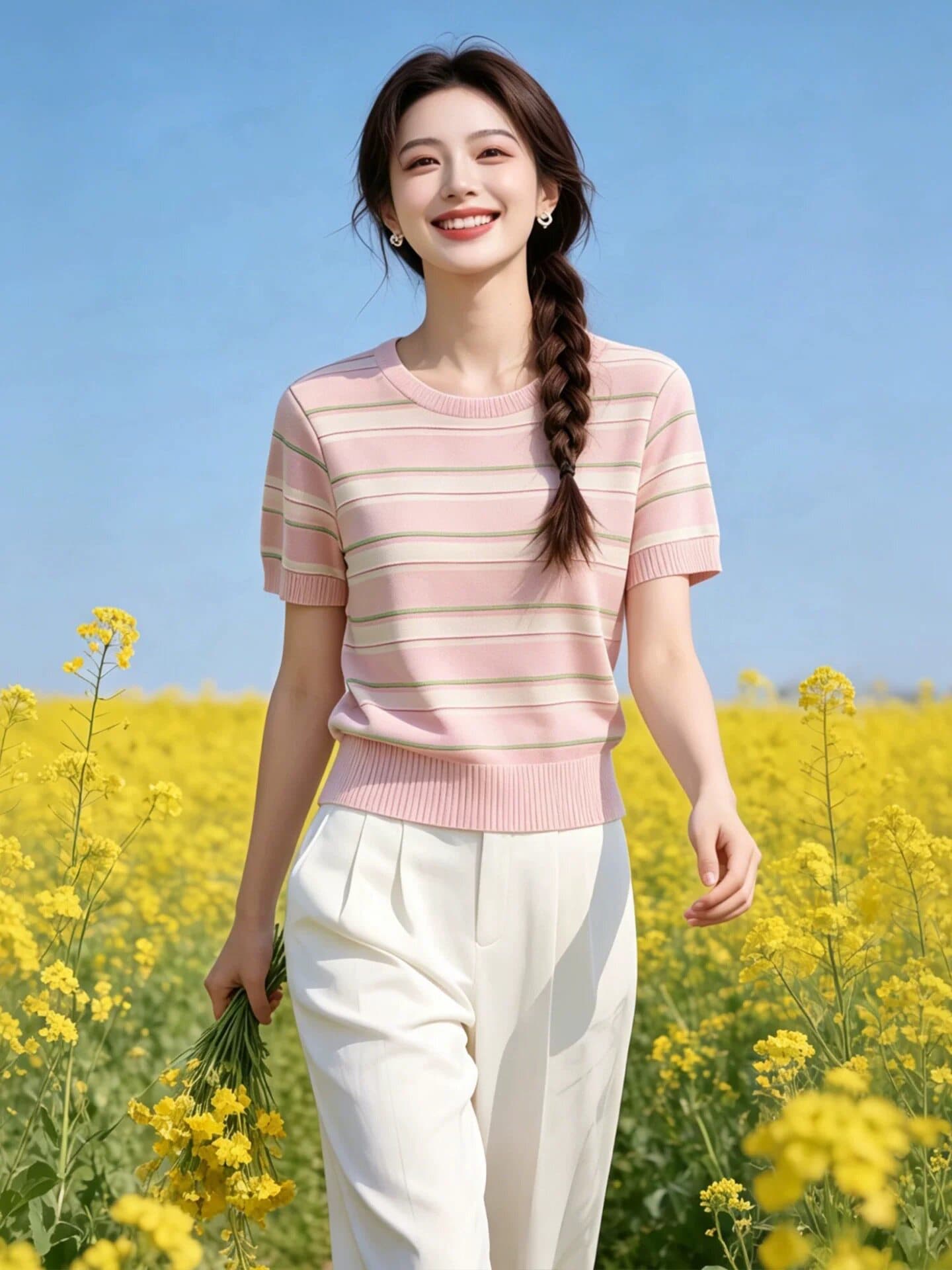 귀여운 달콤함 배색 스트라이프 반팔 티셔츠 여성 2026 여름 새로운 작은 키 루즈핏 캐주얼 긍정적 인 어깨 의류 이미지 2
