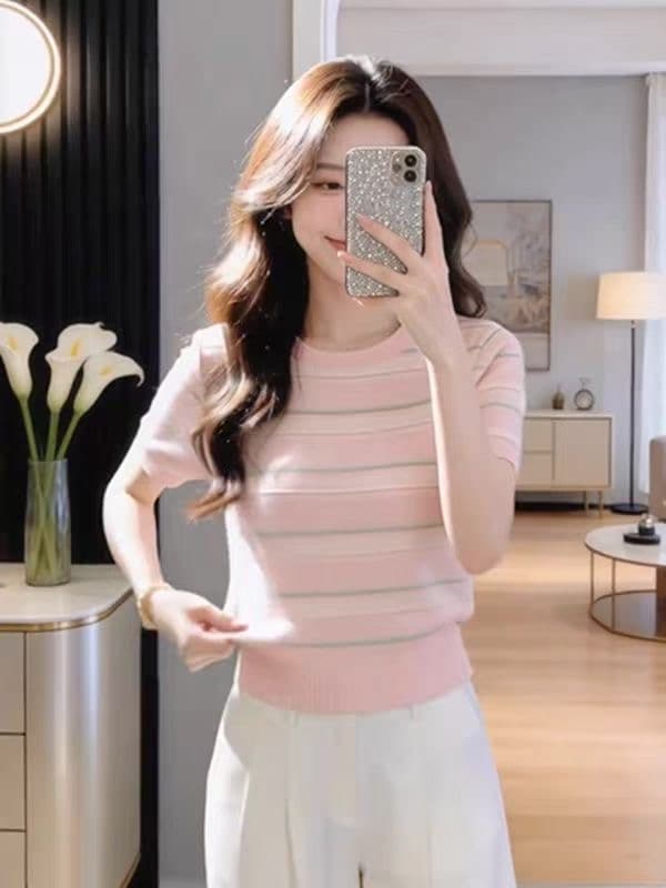 귀여운 달콤함 배색 스트라이프 반팔 티셔츠 여성 2026 여름 새로운 작은 키 루즈핏 캐주얼 긍정적 인 어깨 의류 상세 이미지 4
