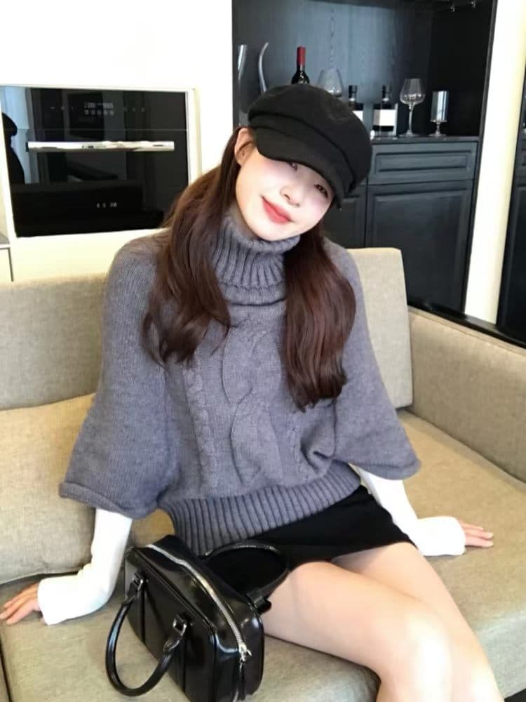 한 부서 꽈배기 터틀넥 망토 스웨터 여자 가을 겨울 두꺼운 외출용 느긋한 바람 긴팔 chic Chic 니트 맨위