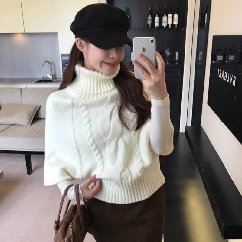 한 부서 꽈배기 터틀넥 망토 스웨터 여자 가을 겨울 두꺼운 외출용 느긋한 바람 긴팔 chic Chic 니트 맨위 상세 이미지 3