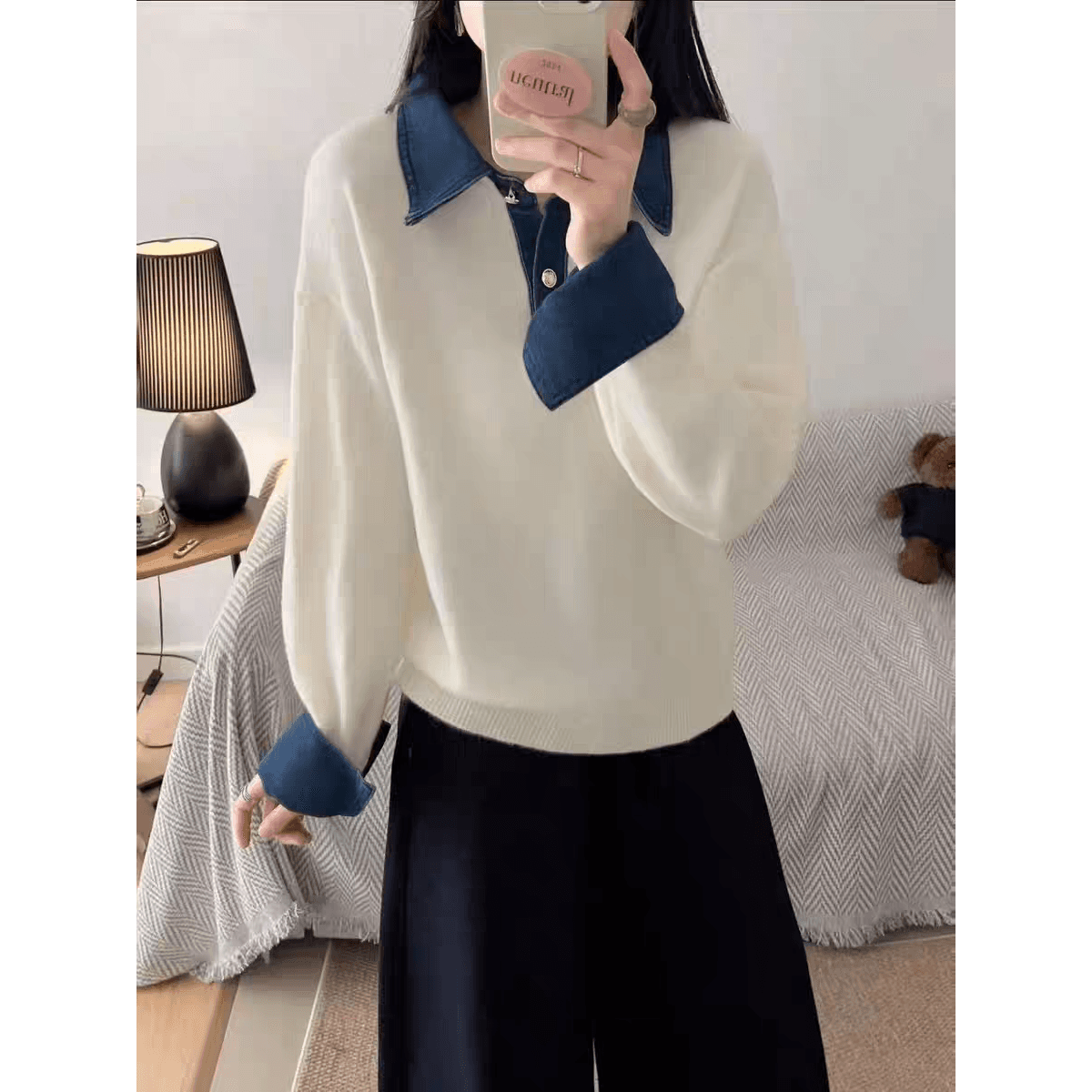 페이크 레이어드 데님 폴로 칼라 니트 스웨터 유럽 역 봄 가을 새로운 기본 셔츠 루즈핏 패션 스웨터 긴팔 이미지 5
