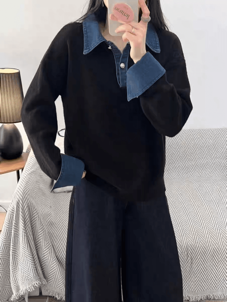 페이크 레이어드 데님 폴로 칼라 니트 스웨터 유럽 역 봄 가을 새로운 기본 셔츠 루즈핏 패션 스웨터 긴팔 상세 이미지 9