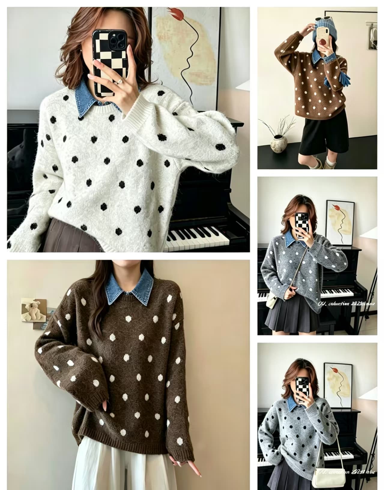 한 부서 데님 칼라 패치워크 도트 무늬 풀오버 스웨터 여자 새로운 가을 겨울 두꺼운 yang 양 플러시 루즈핏 캐주얼 느긋한 바람 상세 이미지 1
