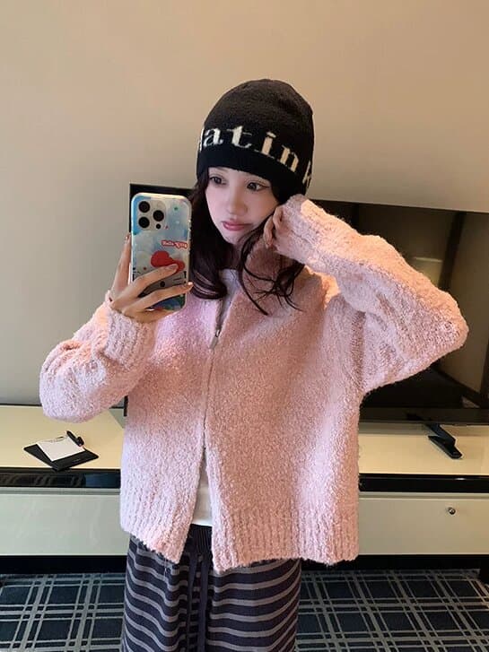 한 부서 서클 실 더블 지퍼 폴로 칼라 스웨터 오픈 가디건 여성 가을 겨울철 달콤한 스타일 레트로 캐주얼 다용도 재킷 트렌디 이미지 2