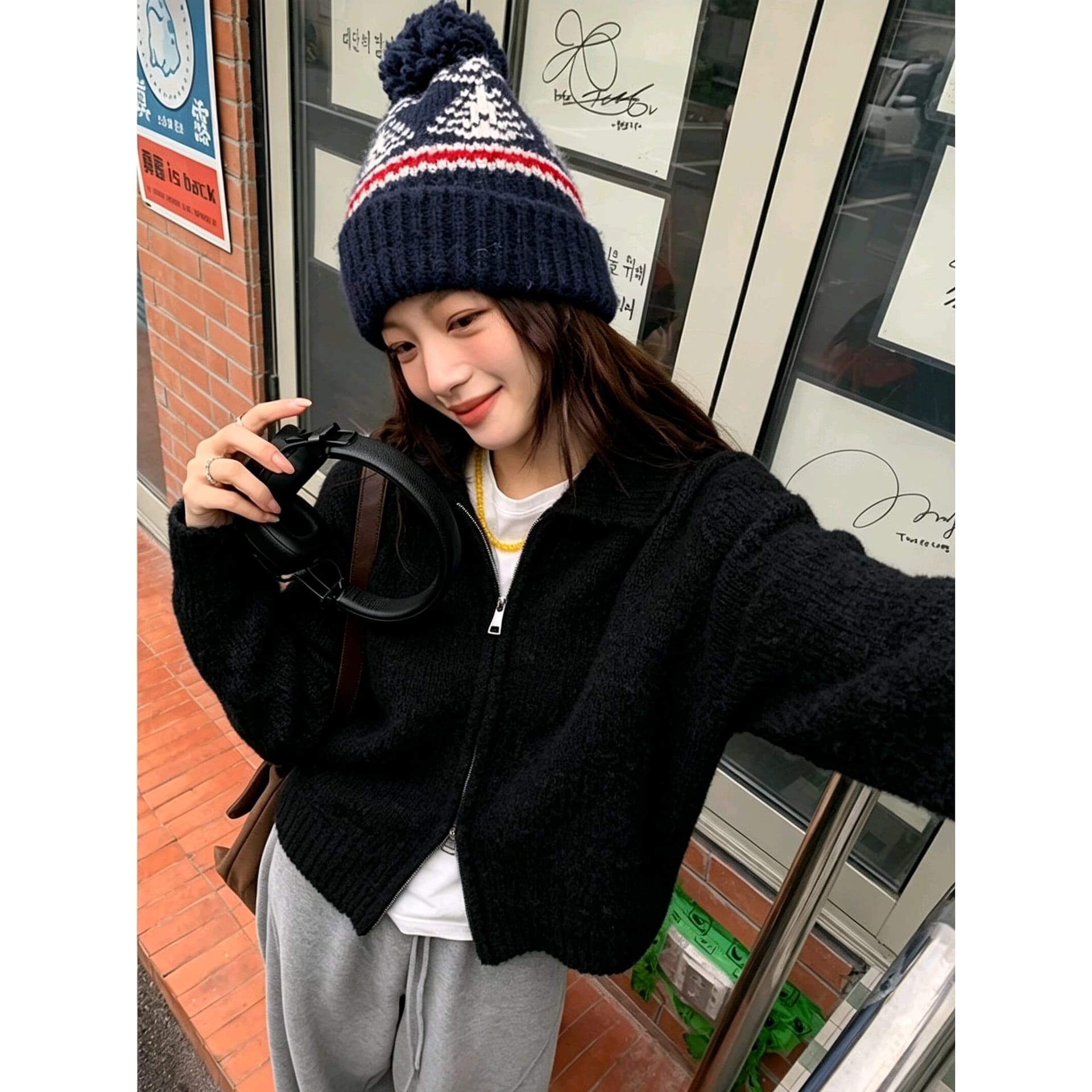 한 부서 서클 실 더블 지퍼 폴로 칼라 스웨터 오픈 가디건 여성 가을 겨울철 달콤한 스타일 레트로 캐주얼 다용도 재킷 트렌디 이미지 5