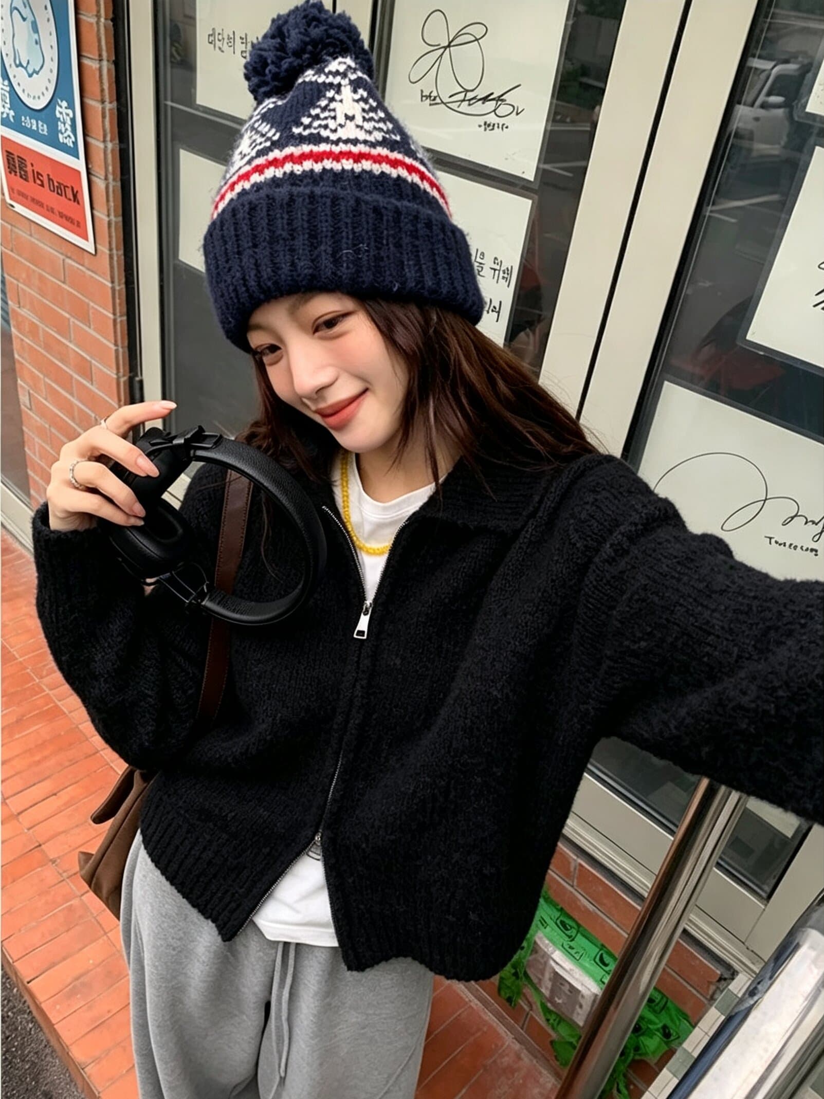 한 부서 서클 실 더블 지퍼 폴로 칼라 스웨터 오픈 가디건 여성 가을 겨울철 달콤한 스타일 레트로 캐주얼 다용도 재킷 트렌디 상세 이미지 4
