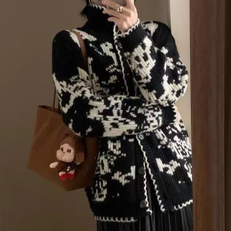 한 부서 미니멀리즘 2026 가을 겨울 새로운 레트로 무거운 작업 자카드 스탠드 칼라 터틀넥 스웨터 두꺼운 니트 재킷 상세 이미지 7