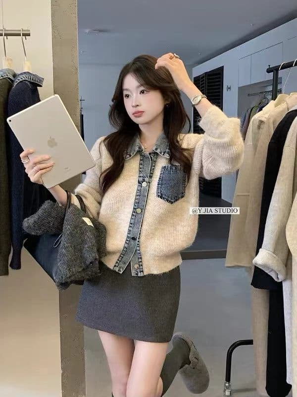 한 부서 2026 가을 겨울 새로운 레트로 무거운 작업 자카드 스탠드 칼라 터틀넥 스웨터 두꺼운 니트 패치워크 재킷