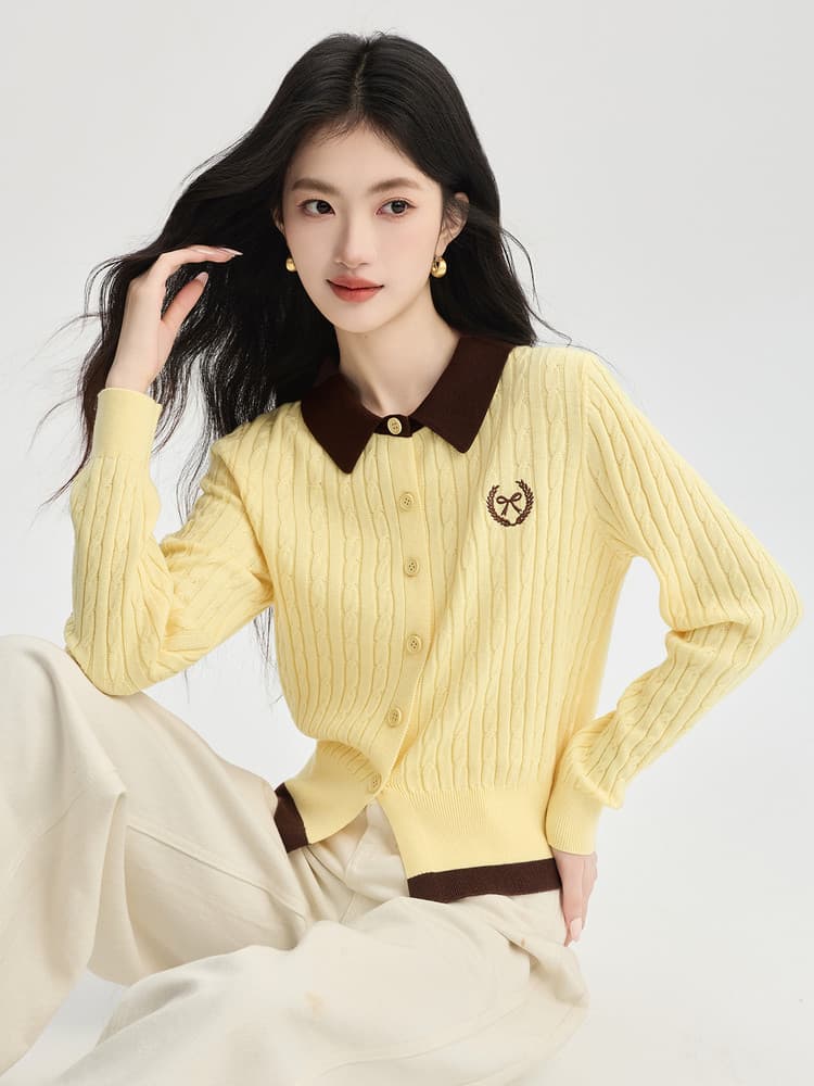 한 부서 품격 페이크 레이어드 트위스트 꽃 모직물 니트 오픈 가디건 이른 가을 새로운 학원 스타일 polo 폴로 칼라 맨위 여성 의류