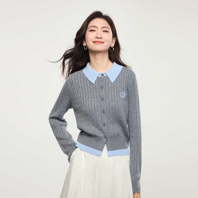 한 부서 품격 페이크 레이어드 트위스트 꽃 모직물 니트 오픈 가디건 이른 가을 새로운 학원 스타일 polo 폴로 칼라 맨위 여성 의류 이미지 5