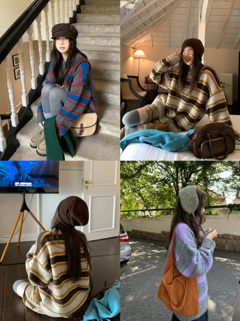 한 부서 두꺼운 배색 스트라이프 스웨터 가을 새로운 느긋한 느슨함 부드러운 찹쌀 풀오버 니트 스웨터 여성