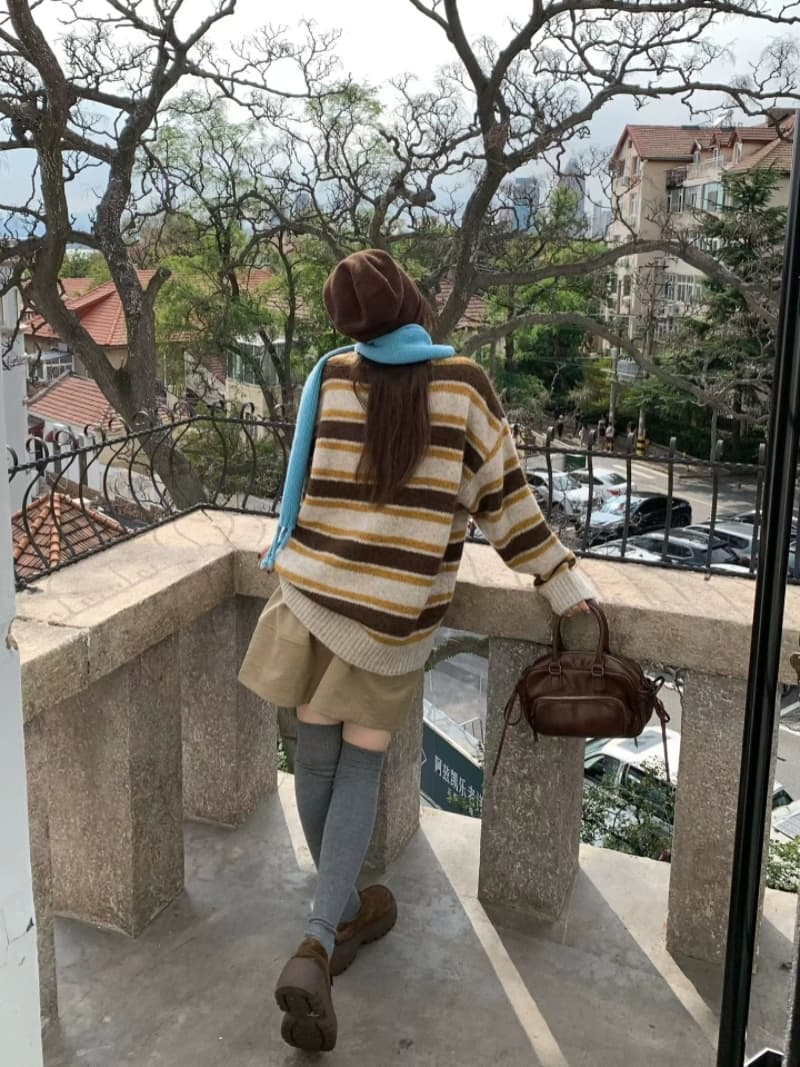 한 부서 두꺼운 배색 스트라이프 스웨터 가을 새로운 느긋한 느슨함 부드러운 찹쌀 풀오버 니트 스웨터 여성 상세 이미지 3