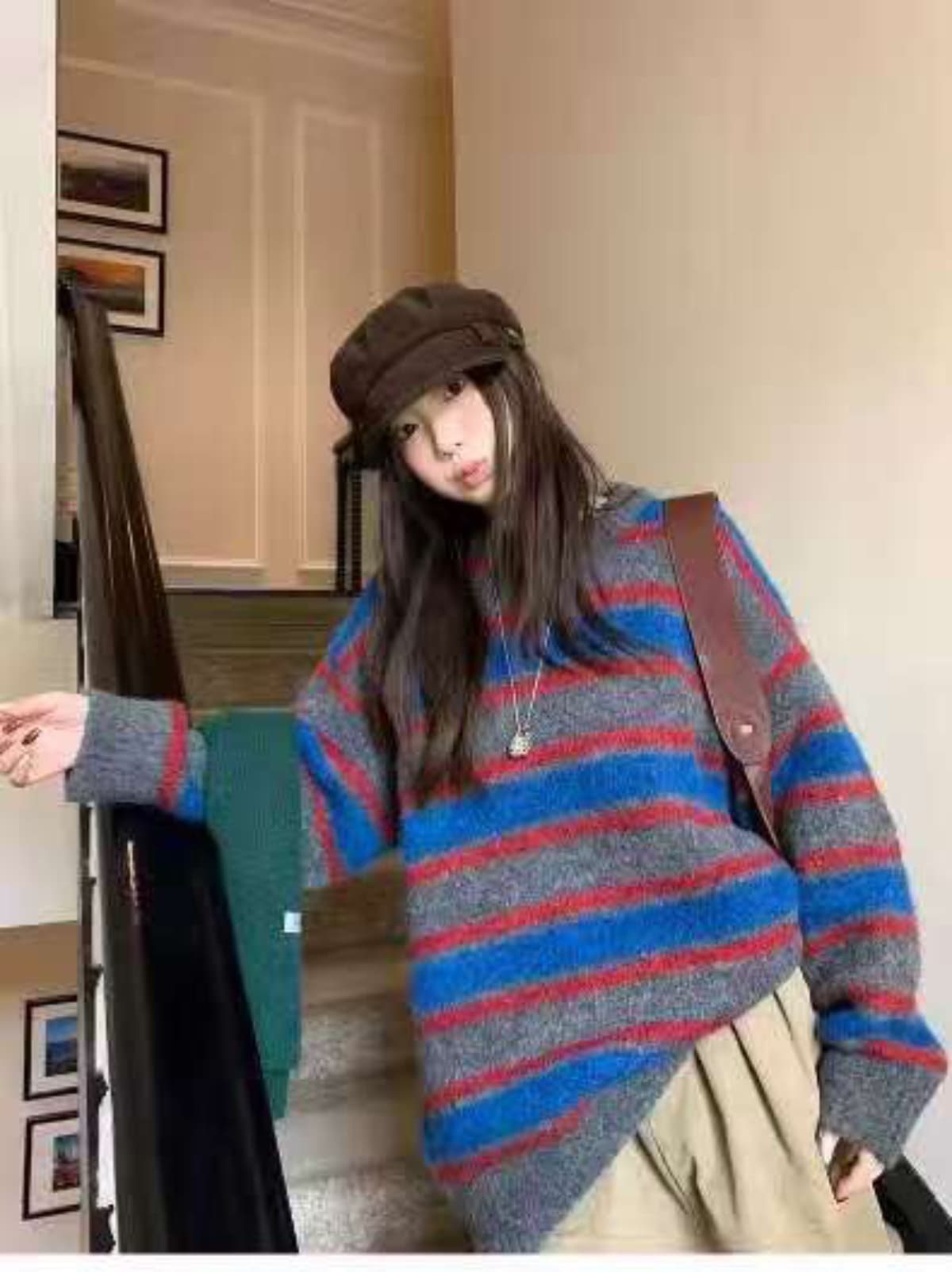 한 부서 두꺼운 배색 스트라이프 스웨터 가을 새로운 느긋한 느슨함 부드러운 찹쌀 풀오버 니트 스웨터 여성 상세 이미지 6