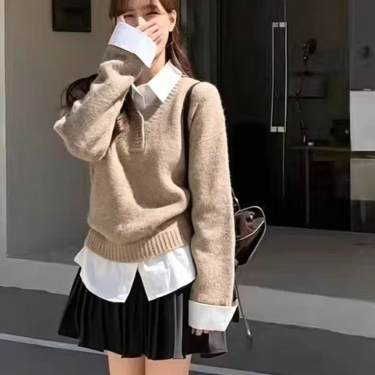 한국 chic 가을 겨울 레트로 연령 감소 디자인 센스 셔츠 칼라 패치워크 페이크 레이어드 풀오버 여성 뜨개질 맨위