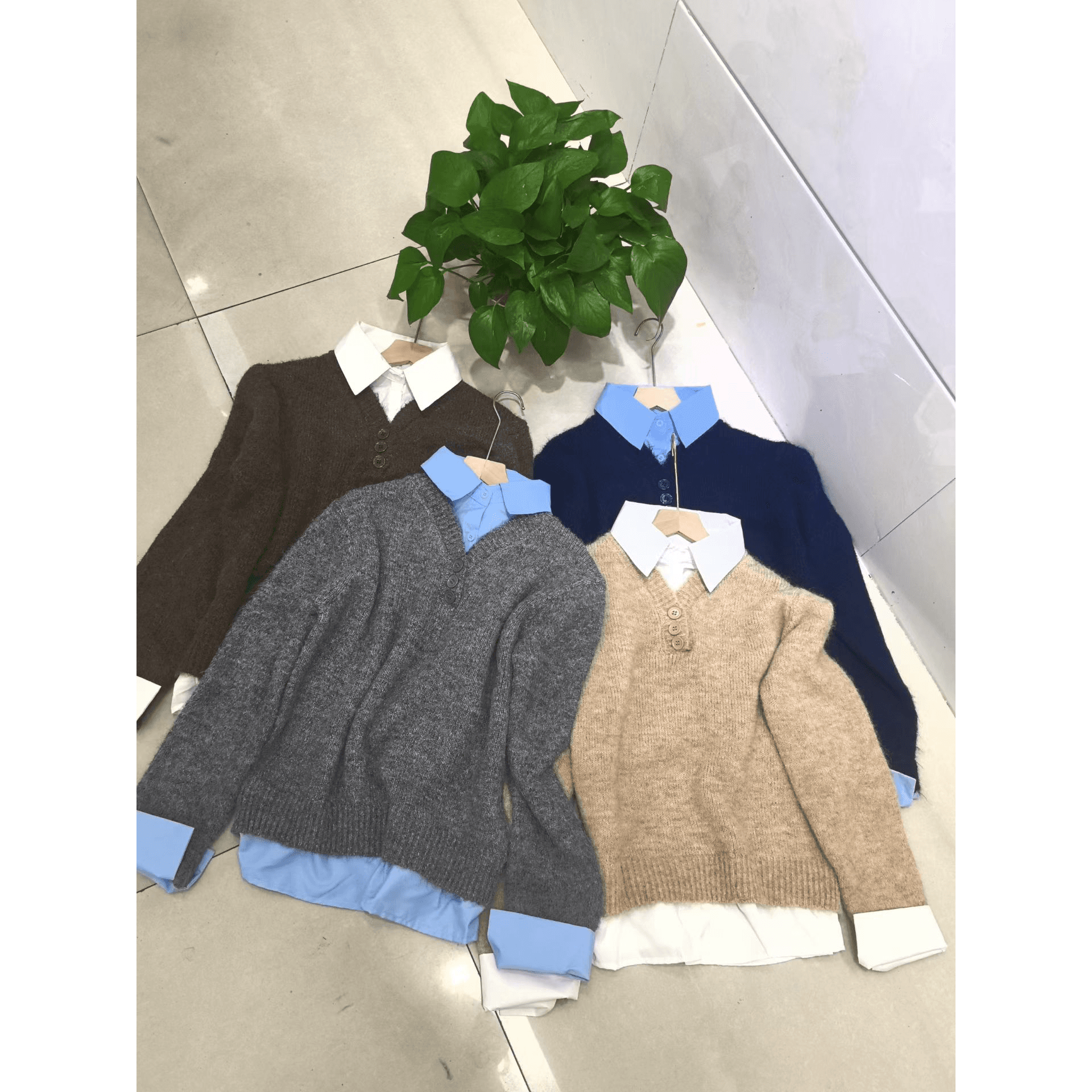 한국 chic 가을 겨울 레트로 연령 감소 디자인 센스 셔츠 칼라 패치워크 페이크 레이어드 풀오버 여성 뜨개질 맨위 이미지 5