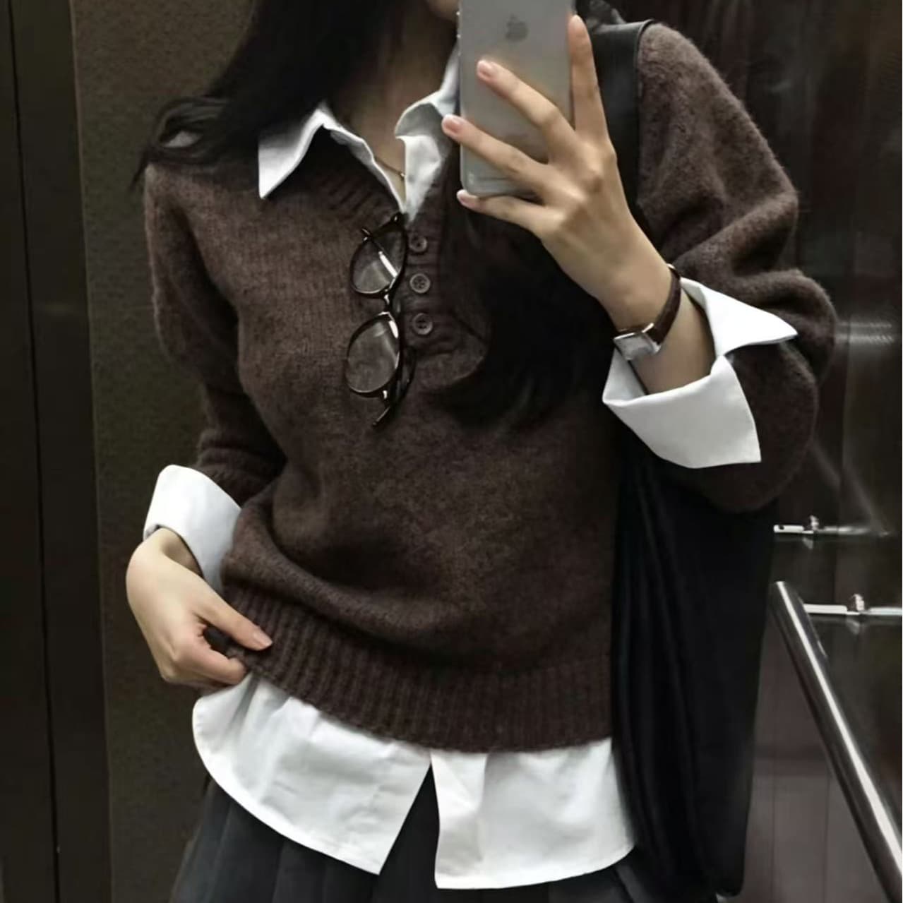 한국 chic 가을 겨울 레트로 연령 감소 디자인 센스 셔츠 칼라 패치워크 페이크 레이어드 풀오버 여성 뜨개질 맨위 상세 이미지 2