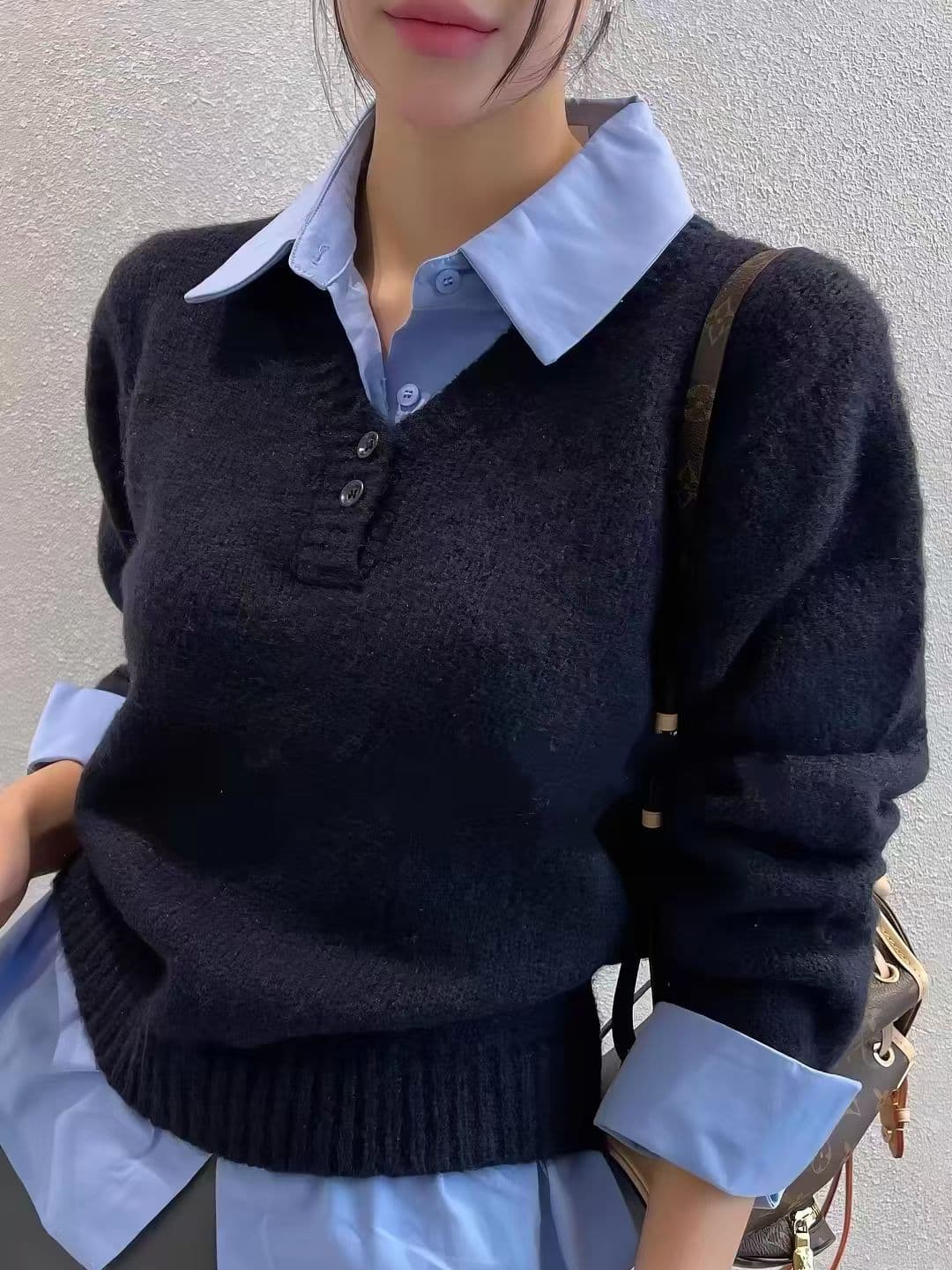 한국 chic 가을 겨울 레트로 연령 감소 디자인 센스 셔츠 칼라 패치워크 페이크 레이어드 풀오버 여성 뜨개질 맨위 상세 이미지 3