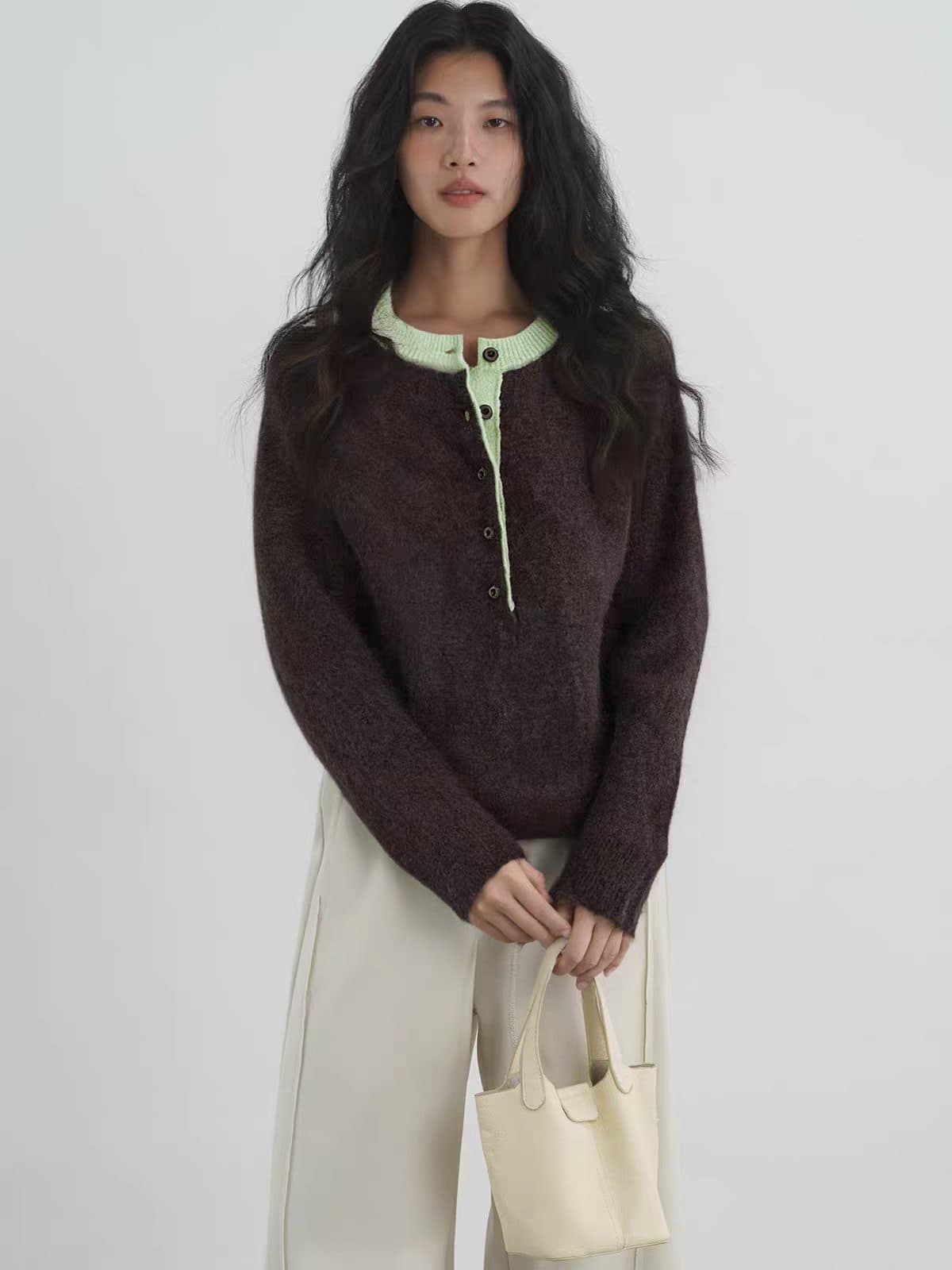 한 부서 배색 레트로 플러시 센스 하프 문 을 열 襟 라운드 넥 polo 스웨터 여자 가을 겨울 새로운 미니멀리즘 다용도 니트 스웨터 상세 이미지 4