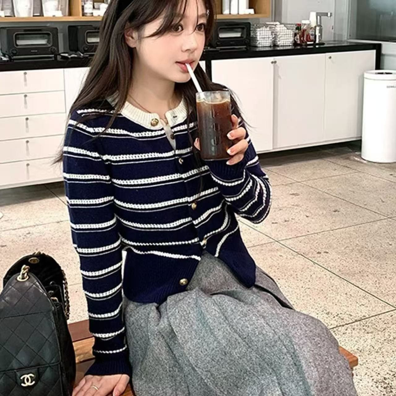 블루 색상 레트로 스트라이프 니트 오픈 가디건 여성 가을 착용 가져 가라. 학원 스타일 몸매 가꾸기 쇼트 스타일 고유 한 아름다운 작은 맨위 상세 이미지 4