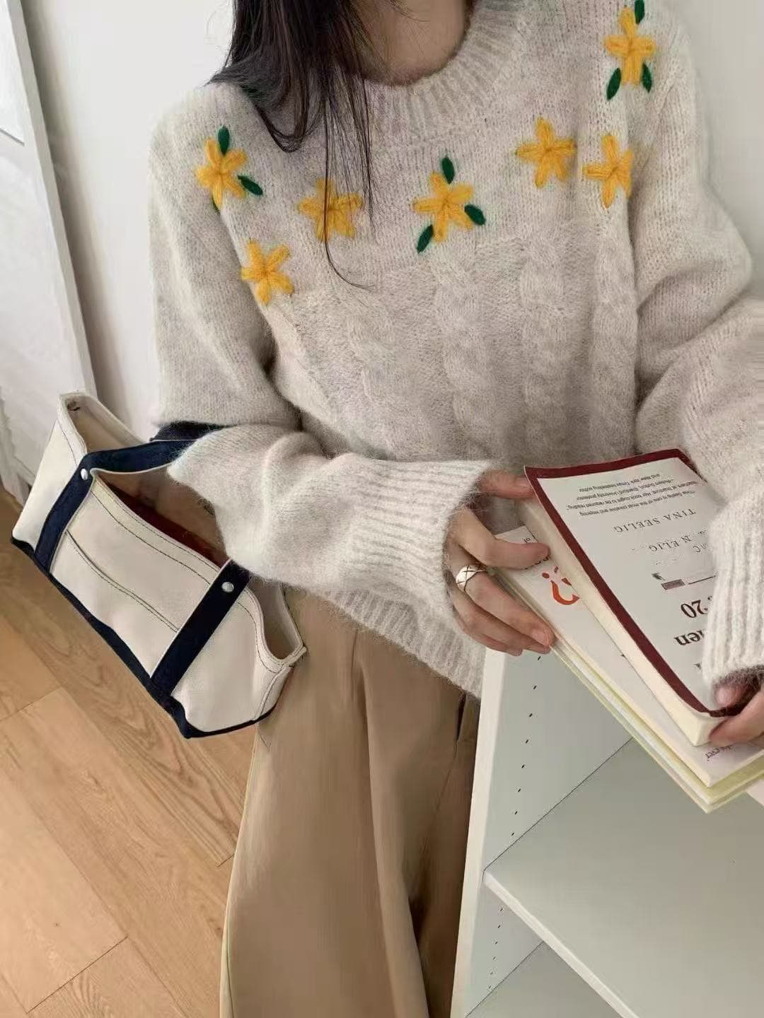 한 부서 레트로 라운드 넥 부드러운 찹쌀 풀오버 니트 스웨터 루즈핏 미니멀리즘 가시 자수 디자인 패션 맨위 여성 코트 상세 이미지 2