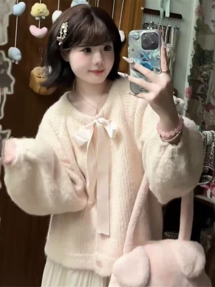 달콤함 소녀 바람 나비 넥타이 스웨터 여자 2026 가을 겨울 새로운 루즈핏 다용도 연령 감소 긴팔 재킷 트렌디 상세 이미지 2
