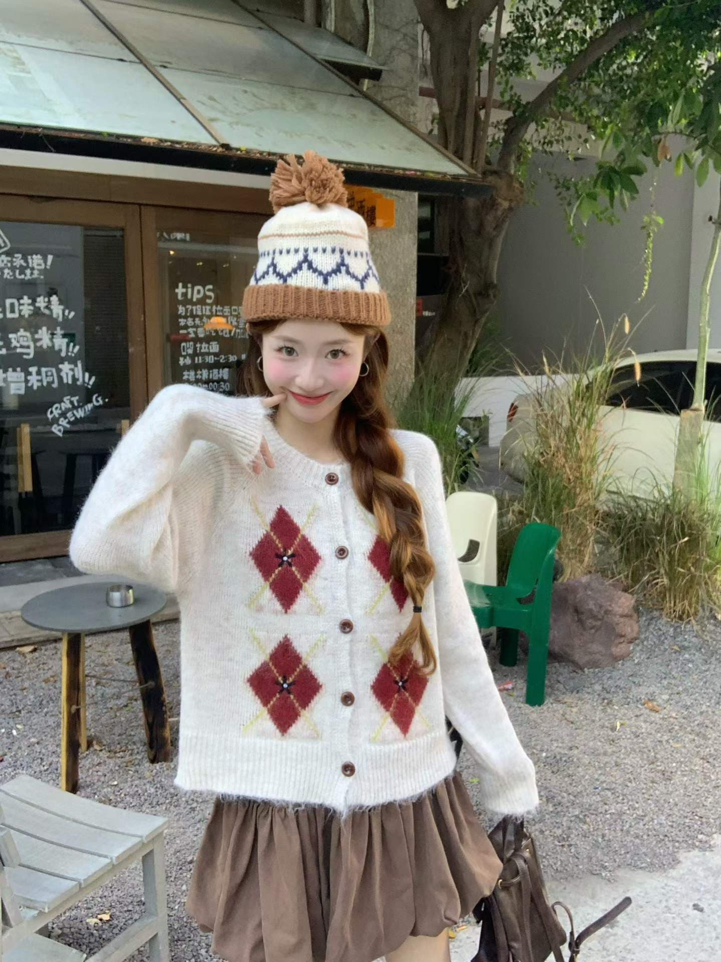 한 부서 레트로 링 그리드 니트 오픈 가디건 여성 새로운 가을 겨울 루즈핏 느긋한 바람 스웨터 코트 맨위 상세 이미지 2