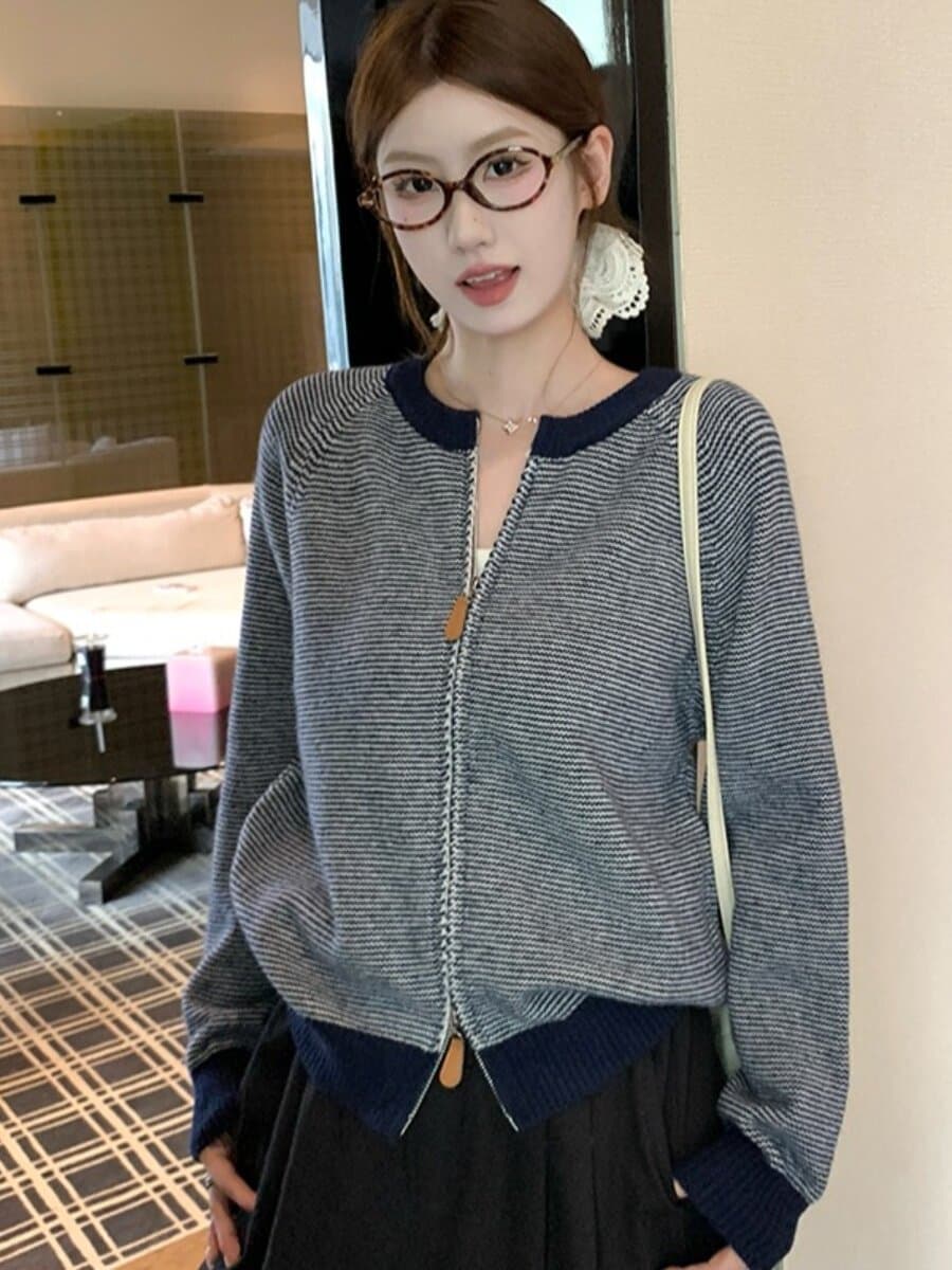한 부서 배색 파란색 스트라이프 지퍼 스웨터 여성 코트 가을 겨울 느긋한 바람 루즈핏 캐주얼 니트 오픈 가디건 맨위 이미지 2