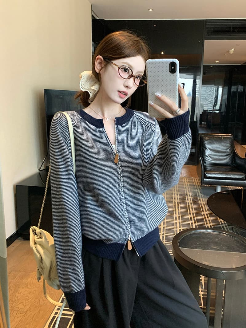 한 부서 배색 파란색 스트라이프 지퍼 스웨터 여성 코트 가을 겨울 느긋한 바람 루즈핏 캐주얼 니트 오픈 가디건 맨위 상세 이미지 1