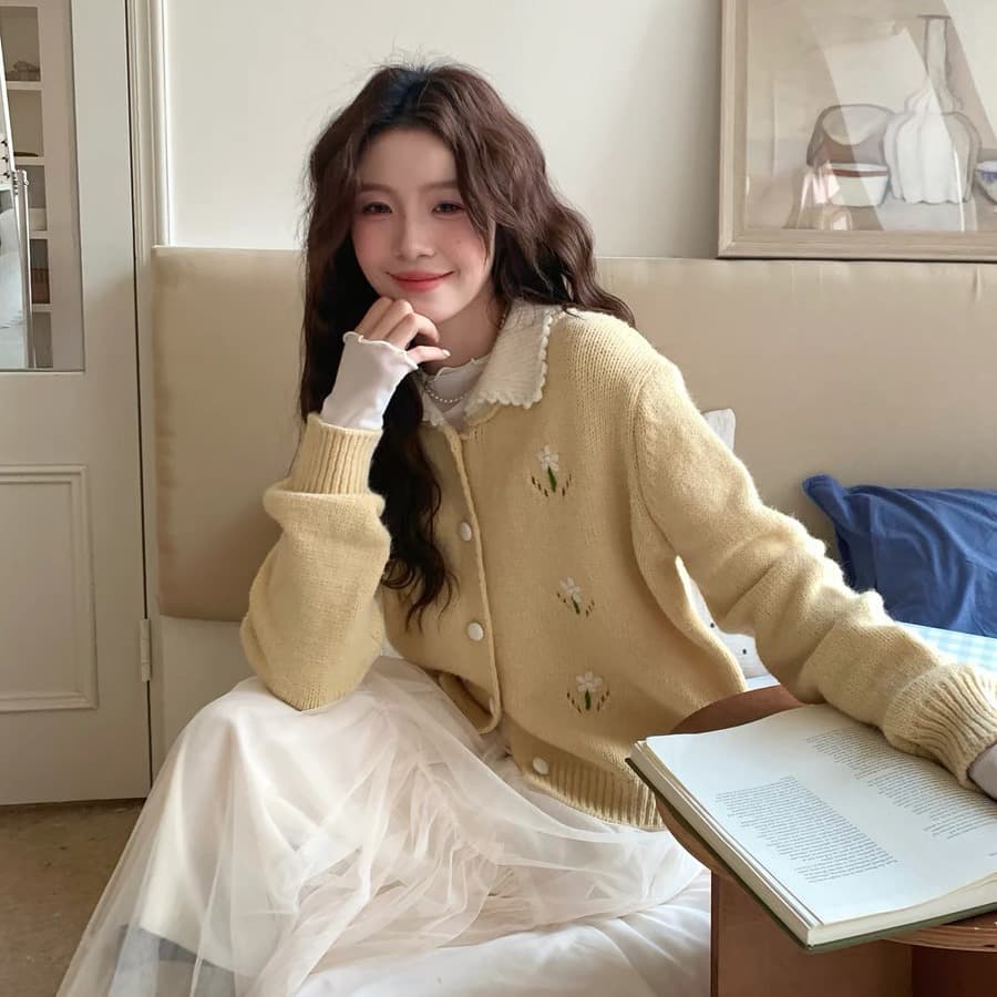 even 하나 원자바오 죽은 나무 凛 봄 한 부서 높음 지혜 센스 포함 양모 부드러운 프랑스식 자수 한국 스타일 스웨터 오픈 가디건