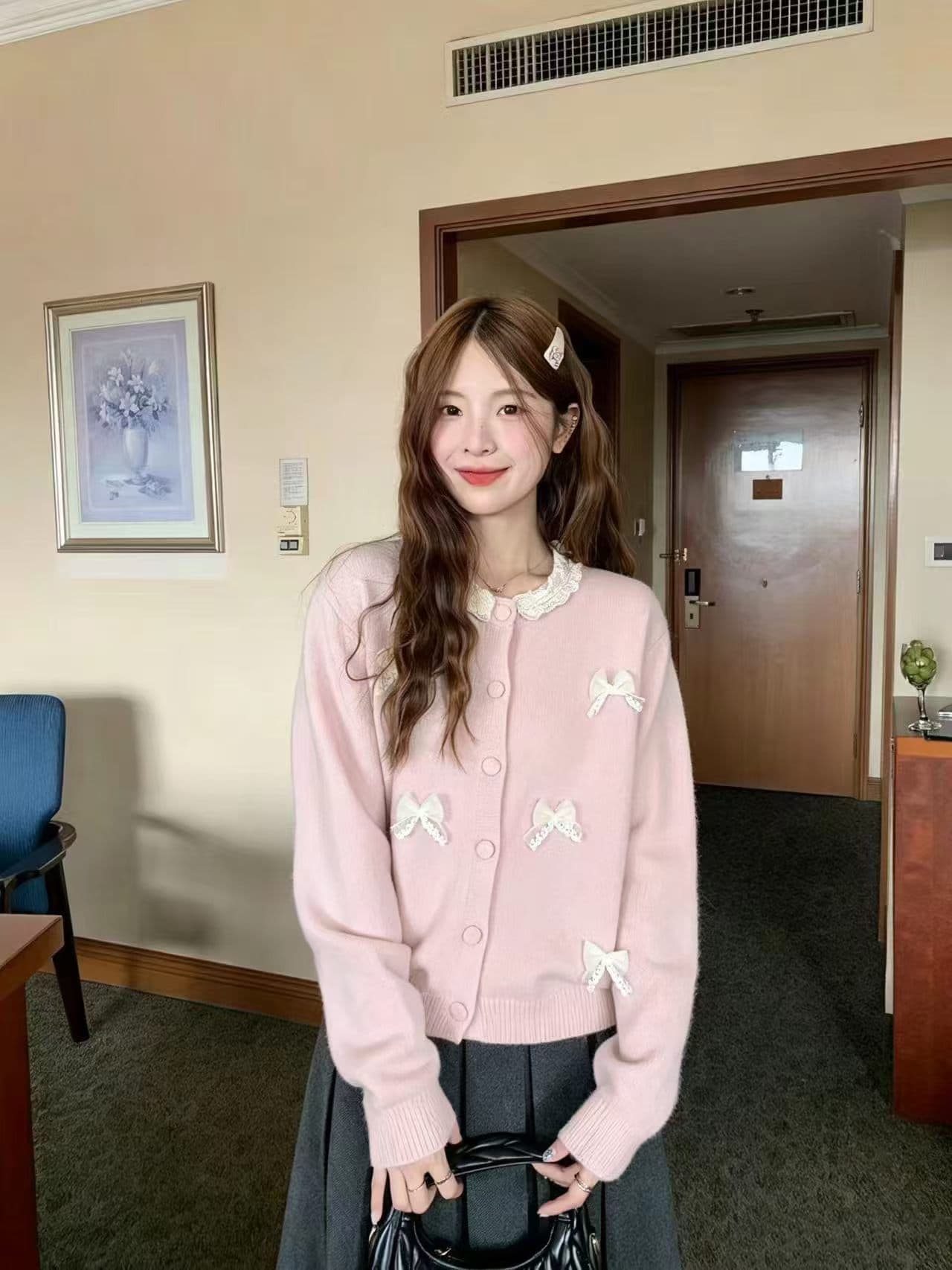 레이스 나비 매듭 스웨터 오픈 가디건 2026 새로운 달콤함 부드러운 찹쌀 부드러운 바람 연령 감소 느긋한 맨위 재고 있음 상세 이미지 3