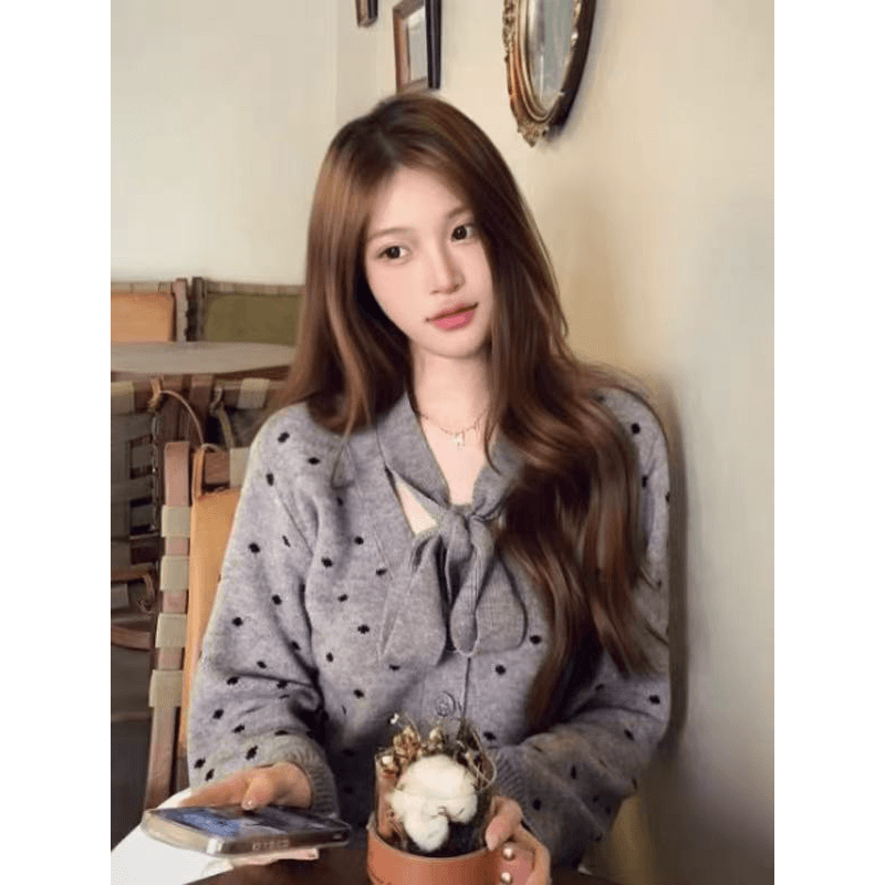 프랑스식 도트 무늬 나비 넥타이 회색 스웨터 오픈 가디건 여성 코트 조기 가을 새로운 느긋한 바람 재고 있음 이미지 5