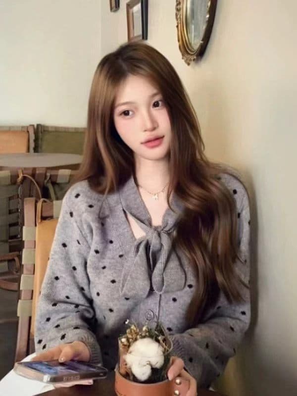 프랑스식 도트 무늬 나비 넥타이 회색 스웨터 오픈 가디건 여성 코트 조기 가을 새로운 느긋한 바람 재고 있음 상세 이미지 3